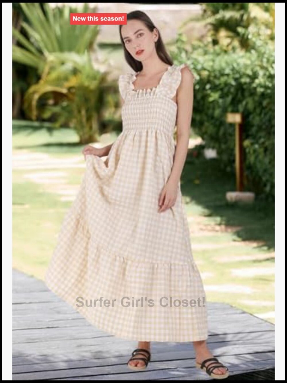 Retro Plaid Smocked Spaghetti Strap Flounce Long Dress with Pockets - Picture 3 of 7